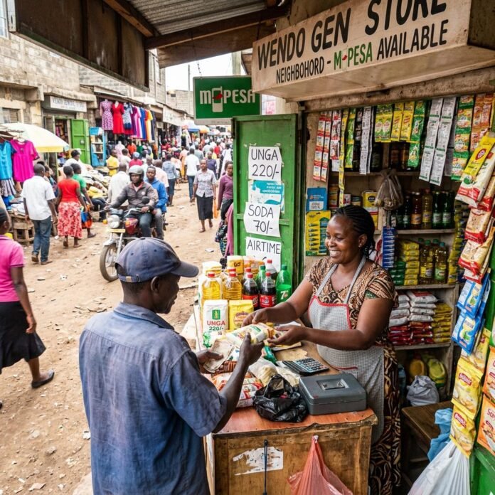 Kenyan SME owner accepting a digital payment through M-PESA, highlighting the growing adoption of digital payments among small businesses in Kenya.